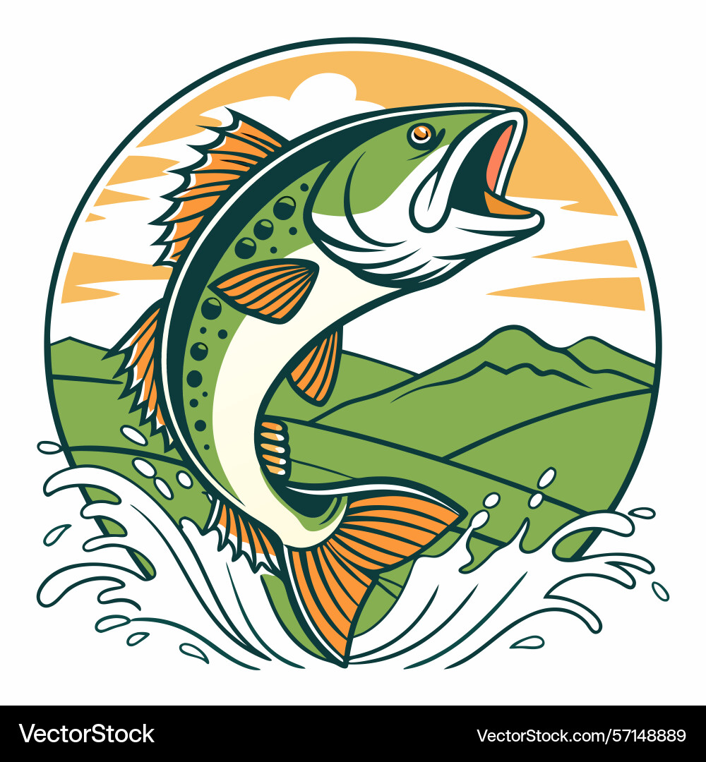 Jumping bass fish with nature scenery Jumping bass fish with nature scenery Vector Image
