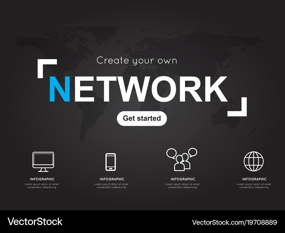 Network icons with world black map for business Vector Image