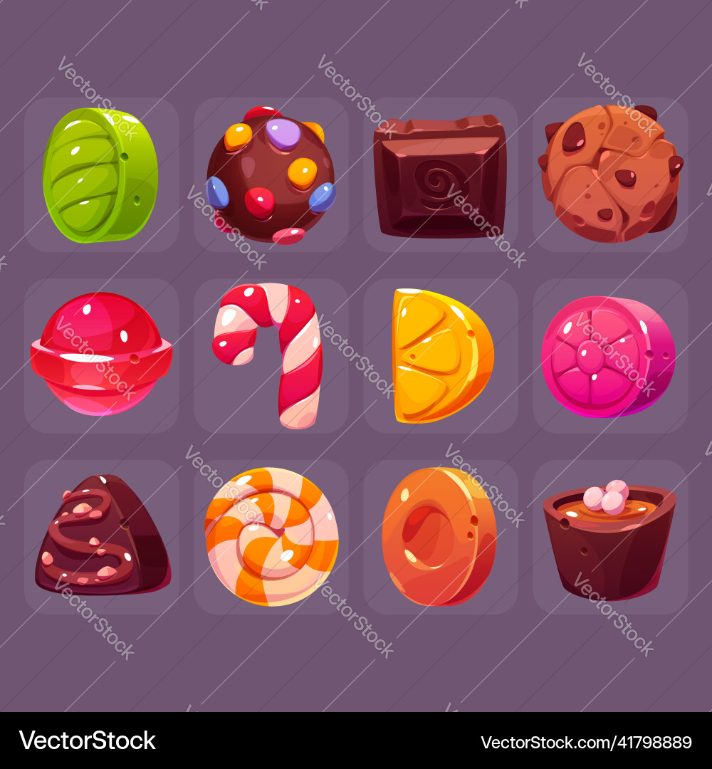 Square buttons with chocolate and fruit candies Square buttons with chocolate and fruit candies vector image