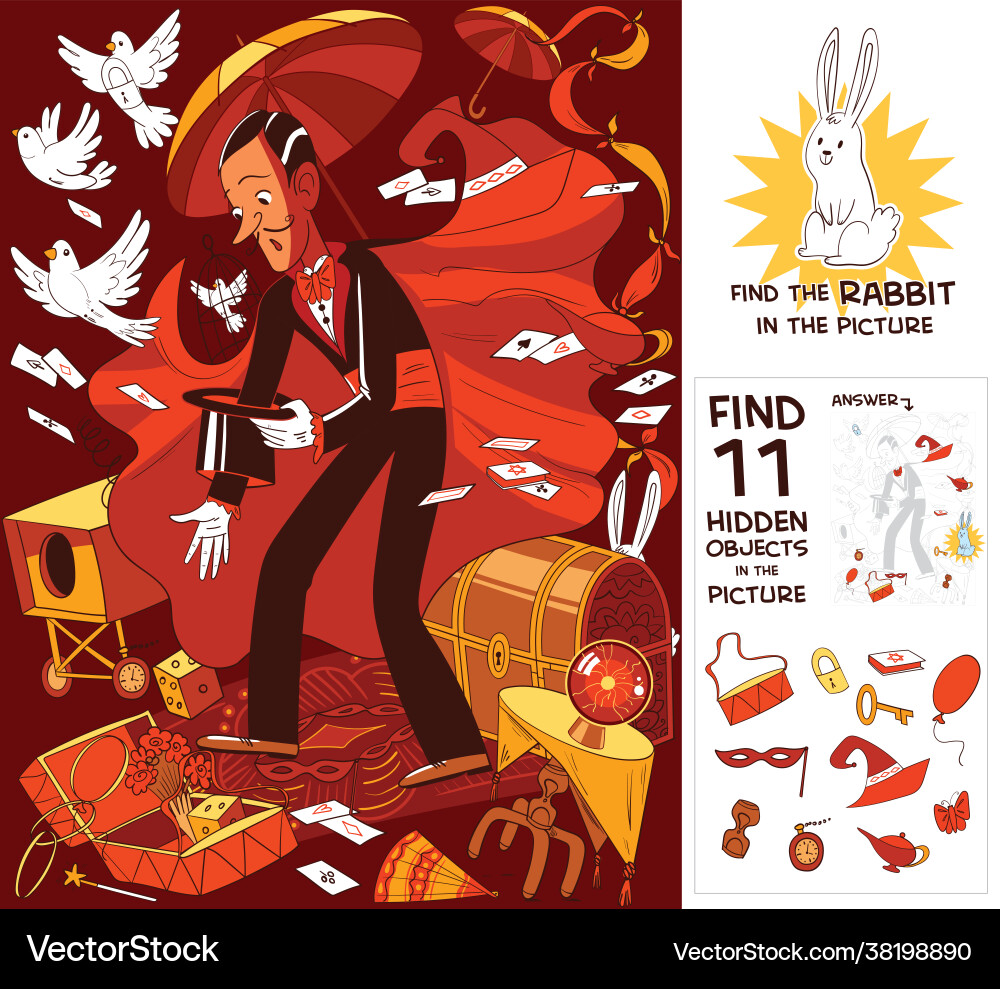 Magician find 11 hidden objects in picture Magician find 11 hidden objects in picture vector image