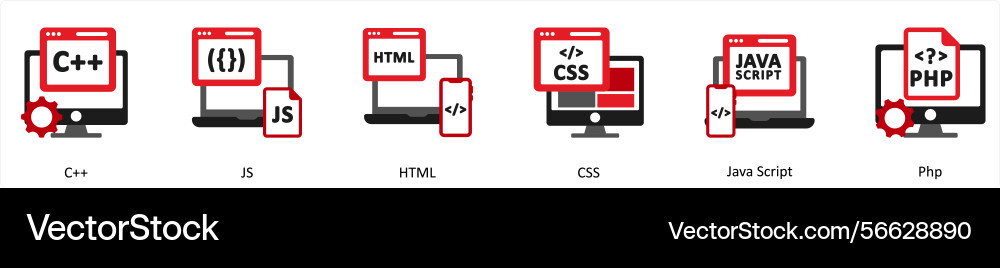 Six technology red and black icons as c js html vector image