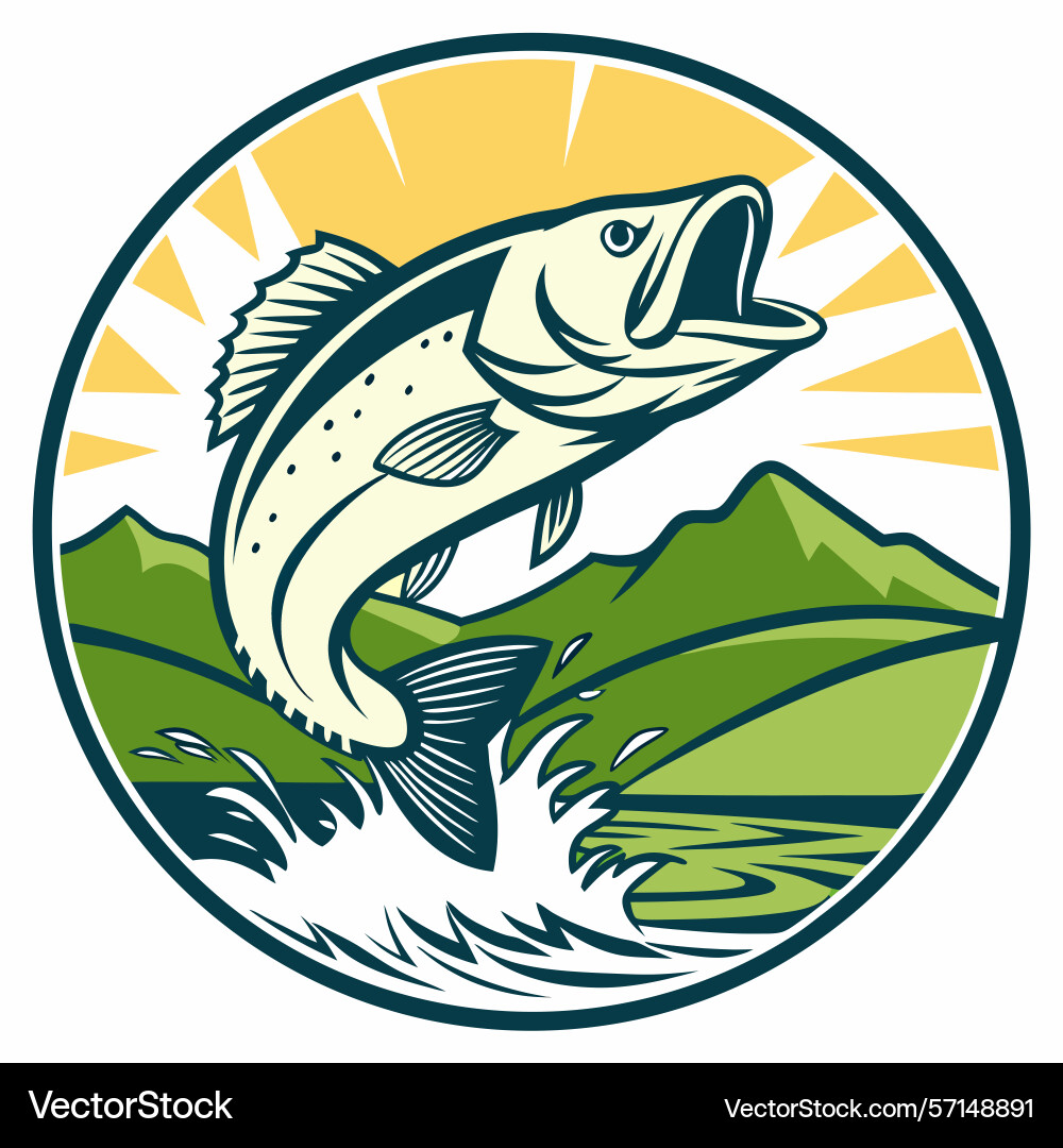 Jumping bass fish with nature scenery Jumping bass fish with nature scenery Vector Image