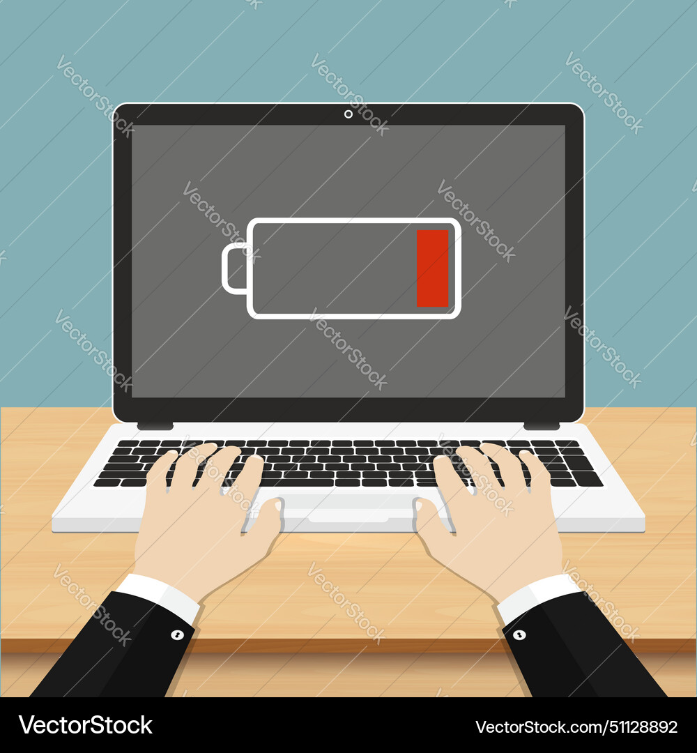 Laptop computer with low battery icon on screen Vector Image