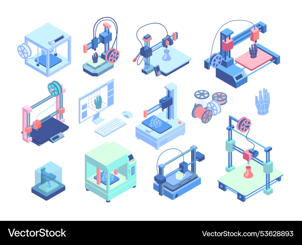Color 3d printing element set isometric view Color 3d printing element set isometric view vector image