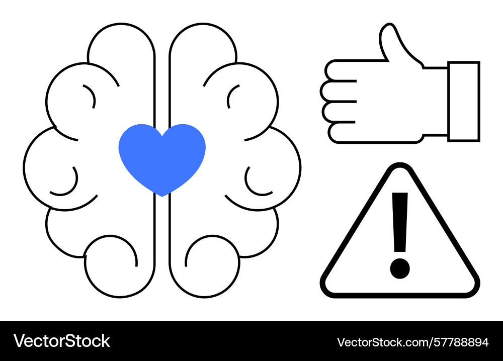 Brain with heart thumbs up and warning sign Vector Image
