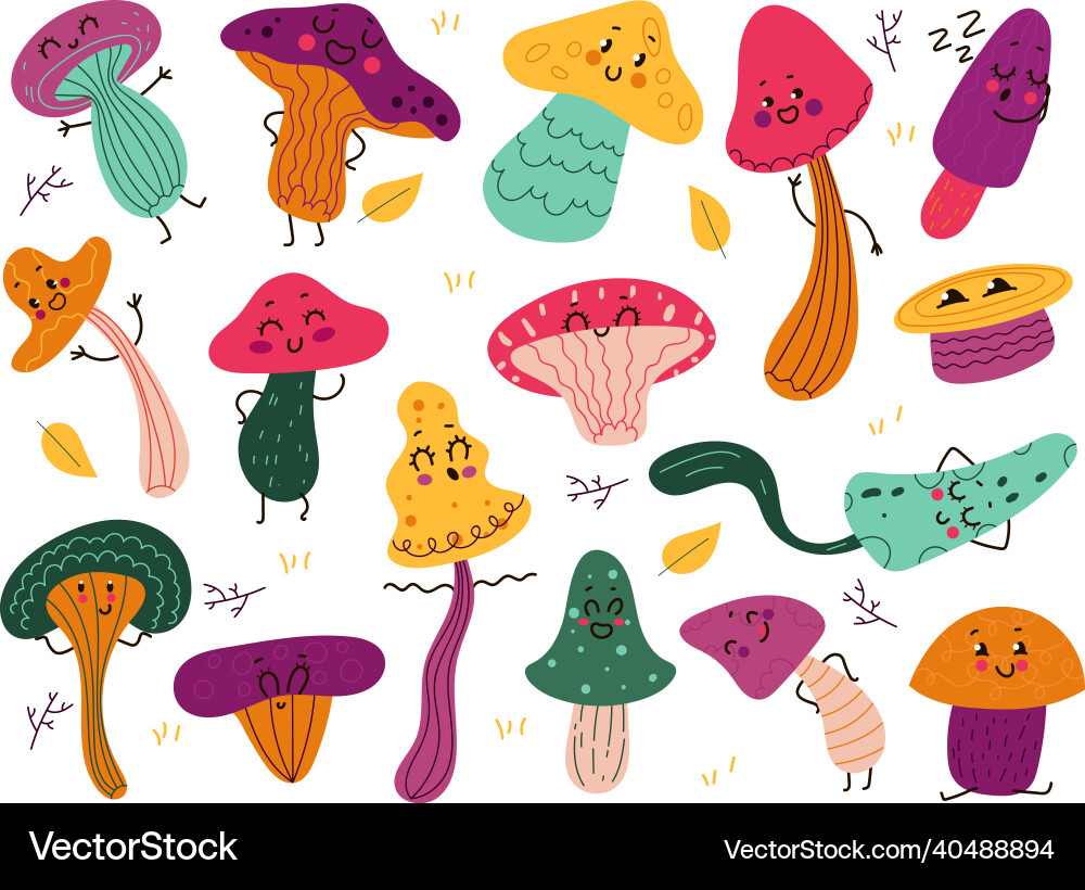 Cute mushrooms characters funny cartoon forest Cute mushrooms characters funny cartoon forest vector image
