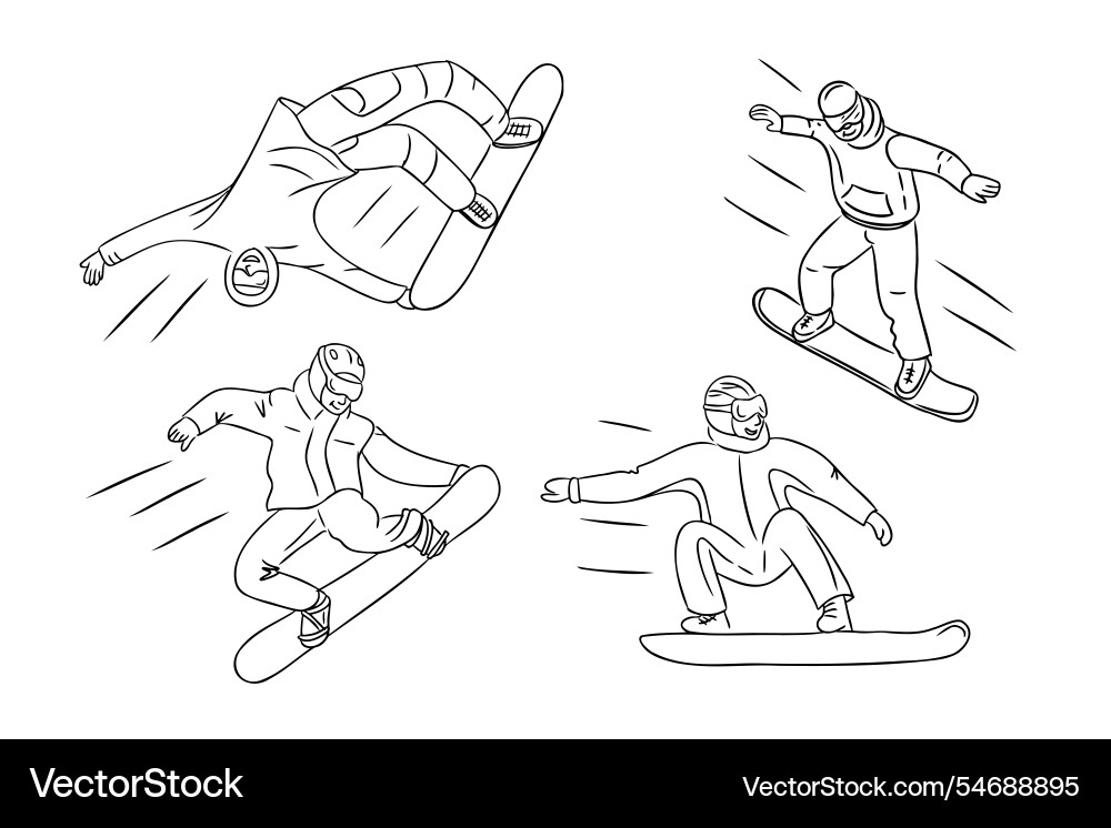 Dynamic line art set with snowboarders in action Dynamic line art set with snowboarders in action Vector Image