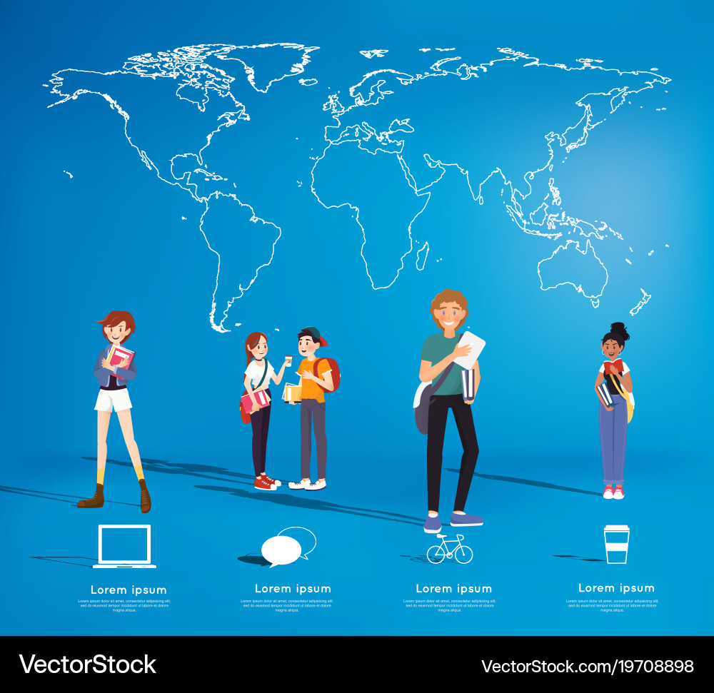 Set of students with gadgets on map background vector image