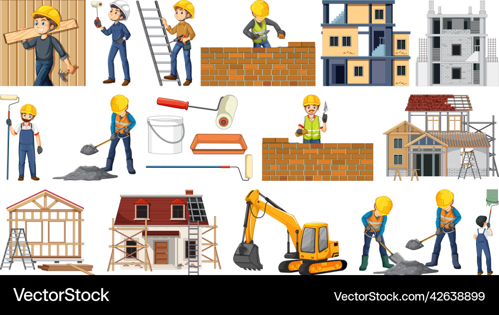Set of construction site objects and workers vector image