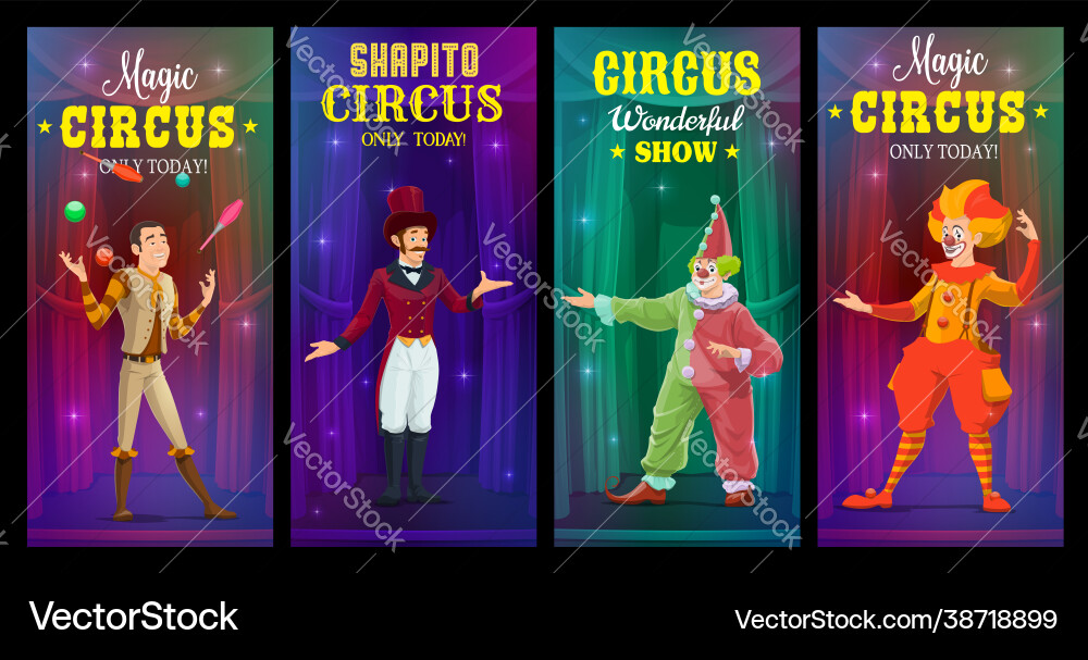 Shapito circus clowns juggler or magician banners Shapito circus clowns juggler or magician banners vector image