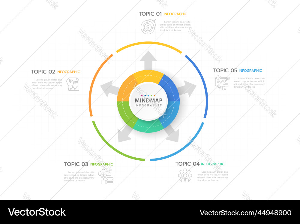 Infographic 5 steps mindmap with circle and arrows Infographic 5 steps mindmap with circle and arrows vector image