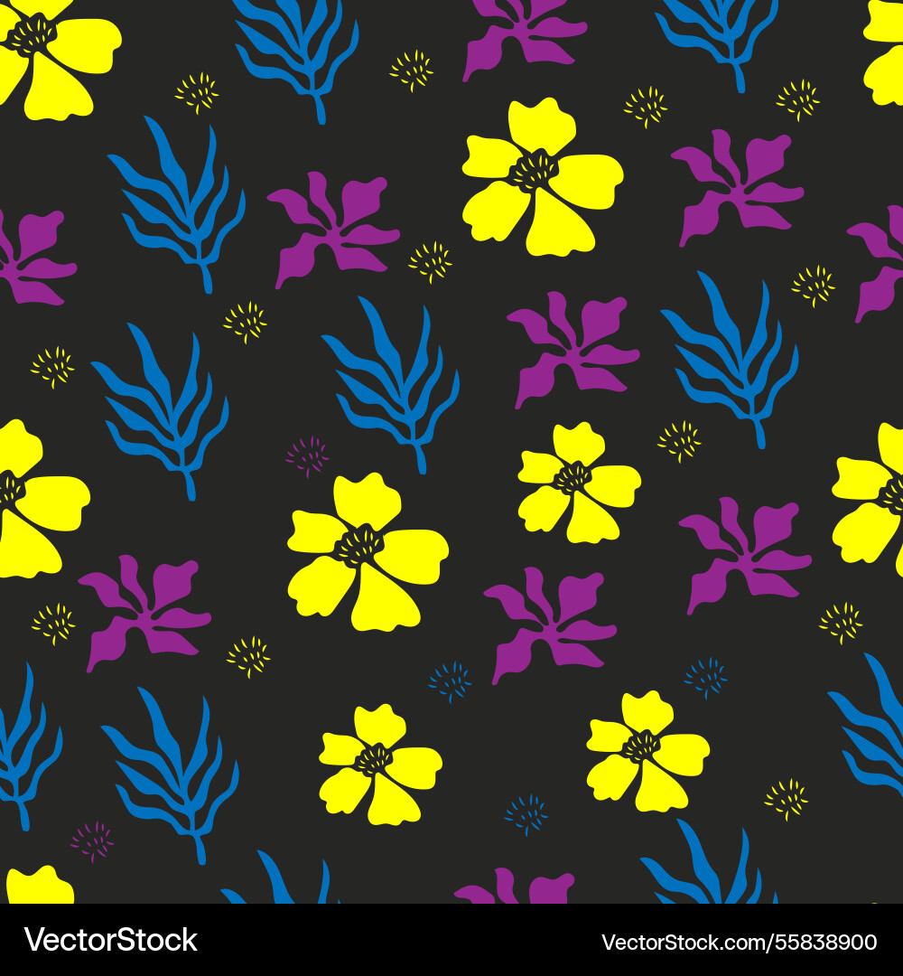 Seamless pattern of assorted flowers on a gray vector image