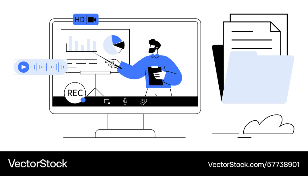 Online presentation with charts and document Vector Image