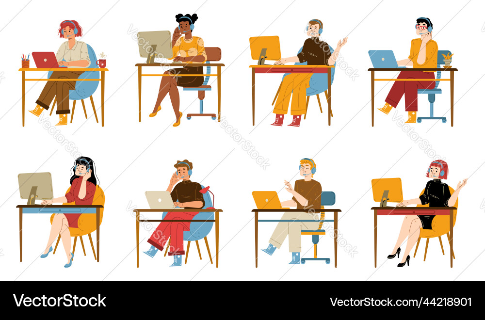 Operators in headset working call center vector image