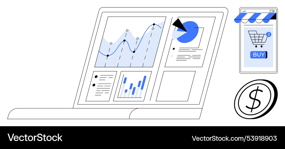 Laptop displaying graphs and charts for e-commerce Vector Image