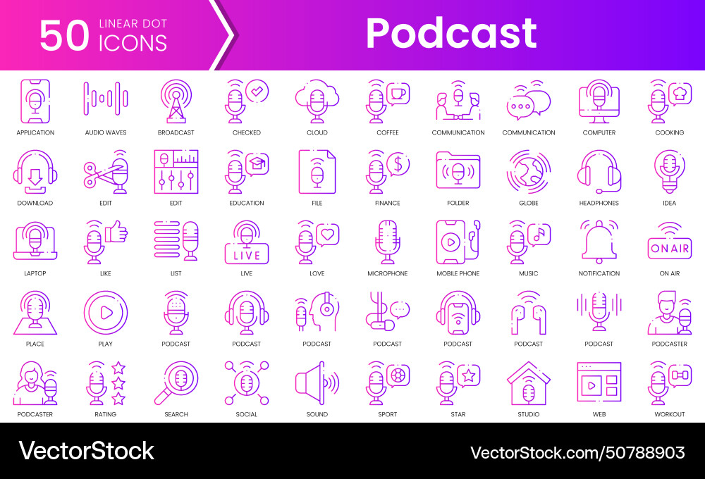 Set of podcast icons gradient style icon bundle Set of podcast icons gradient style icon bundle vector image