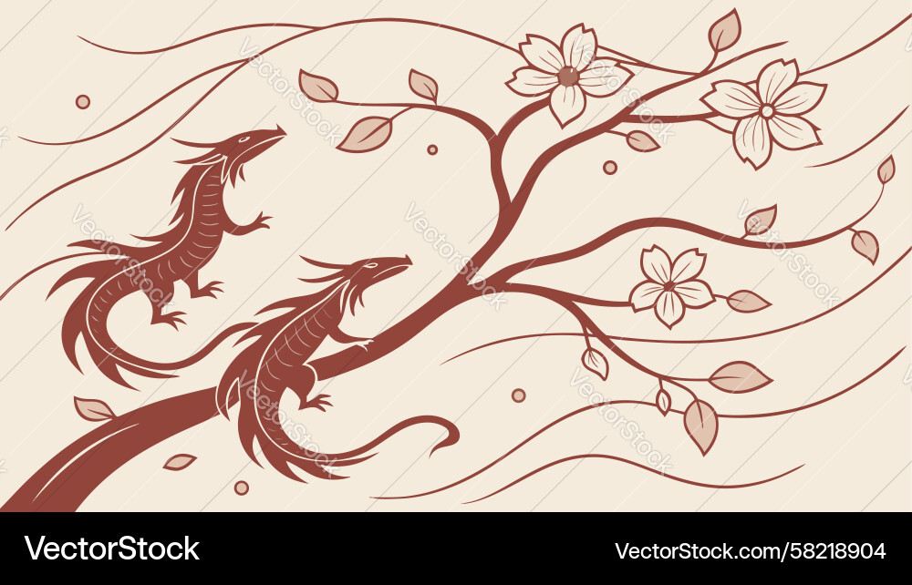 Lizards on Branch with Abstract Swirls Vector Image
