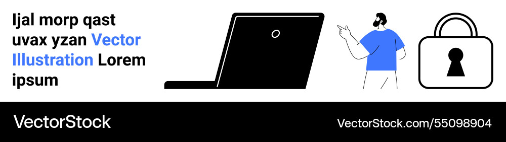 Man explaining laptop security measures with lock Man explaining laptop security measures with lock vector image