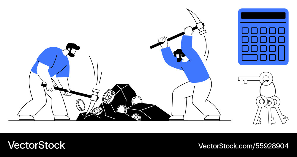 Workers mining for resources with pickaxes near Vector Image