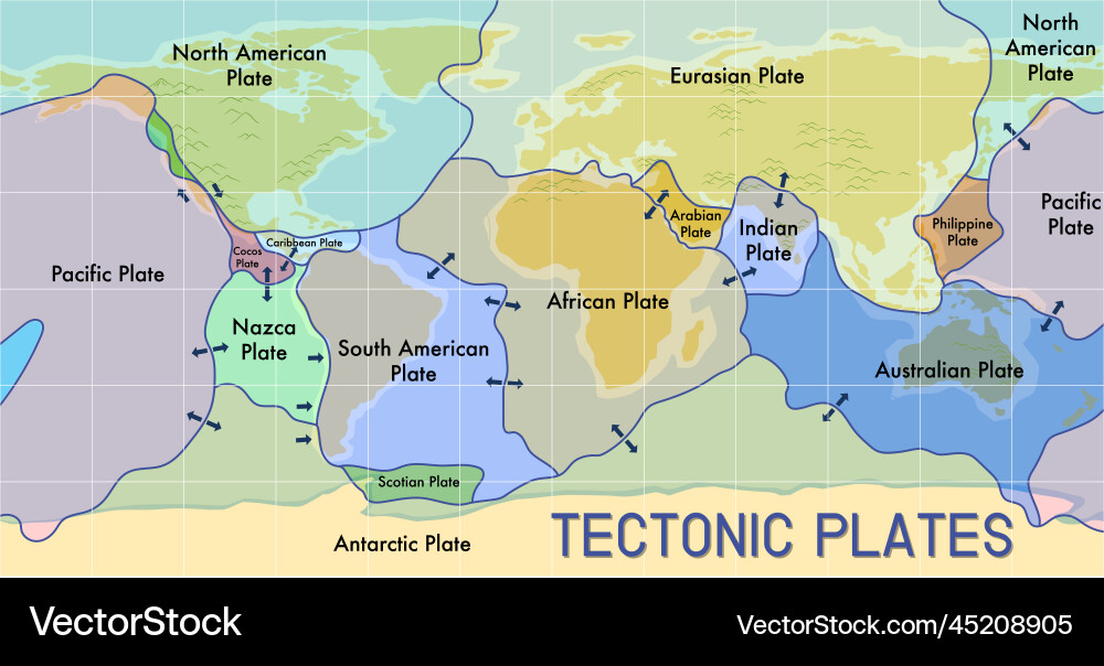 Map of tectonic plates and boundaries vector image