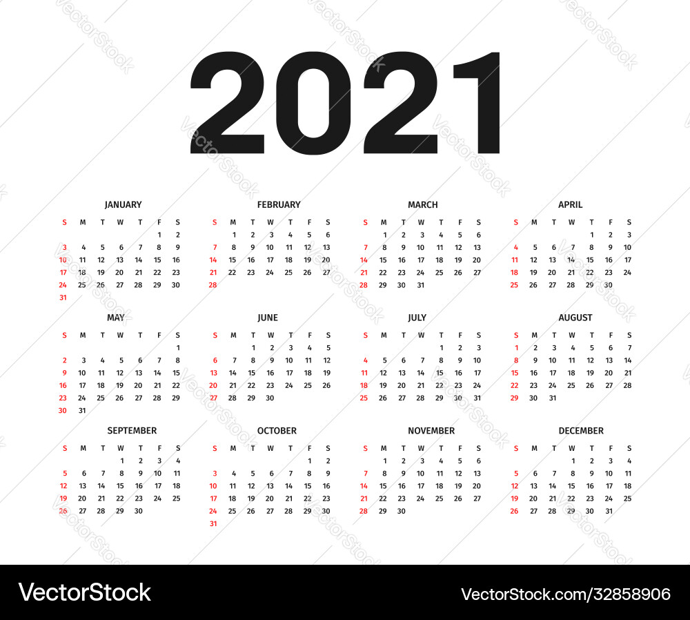 2021 Calendar Template - Black & White vector image