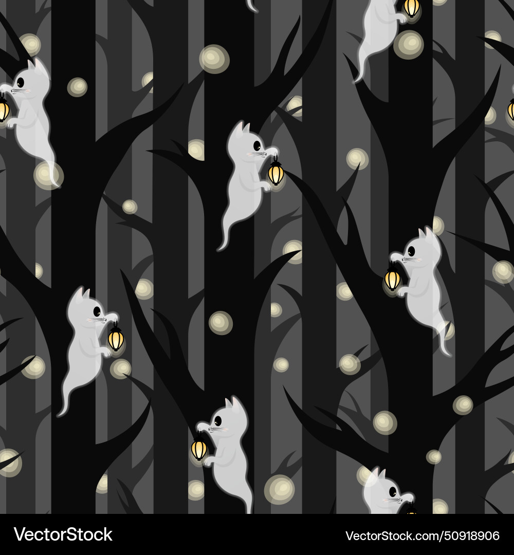 Seamless pattern with cat ghosts in dark forest Seamless pattern with cat ghosts in dark forest vector image