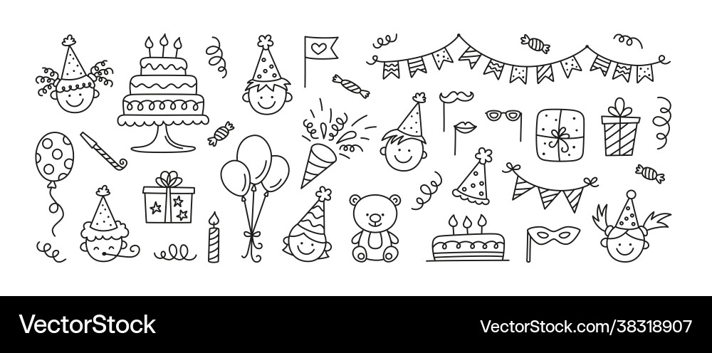 Alles Gute zum Geburtstag Party Doodle Set Vektorbild