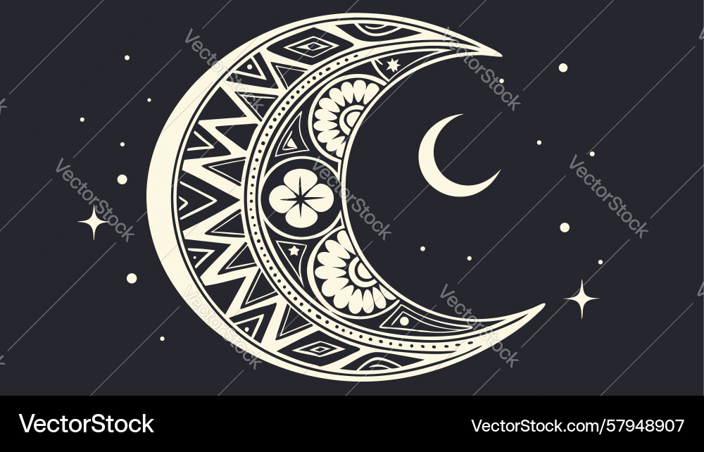 Detailed Crescent Moon with Celestial Patterns Vector Image