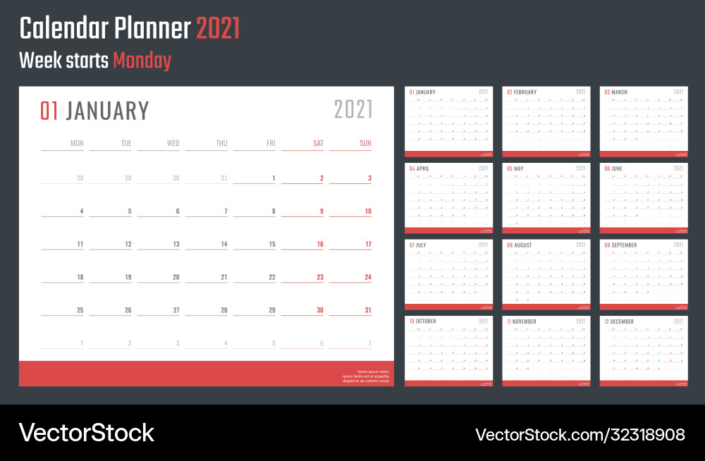 Calendar for 2021 starts monday vector image