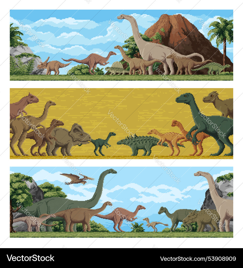8 bit pixel art dinosaurs cartoon jurassic lizards 8 bit pixel art dinosaurs cartoon jurassic lizards vector image