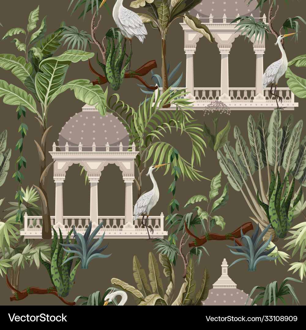 Seamless pattern with ancient arbor and herons Vector Image