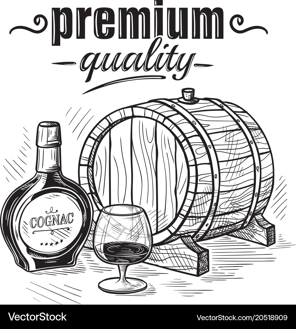 Whiskey Bottle and Wooden Barrel Sketch Vector Image
