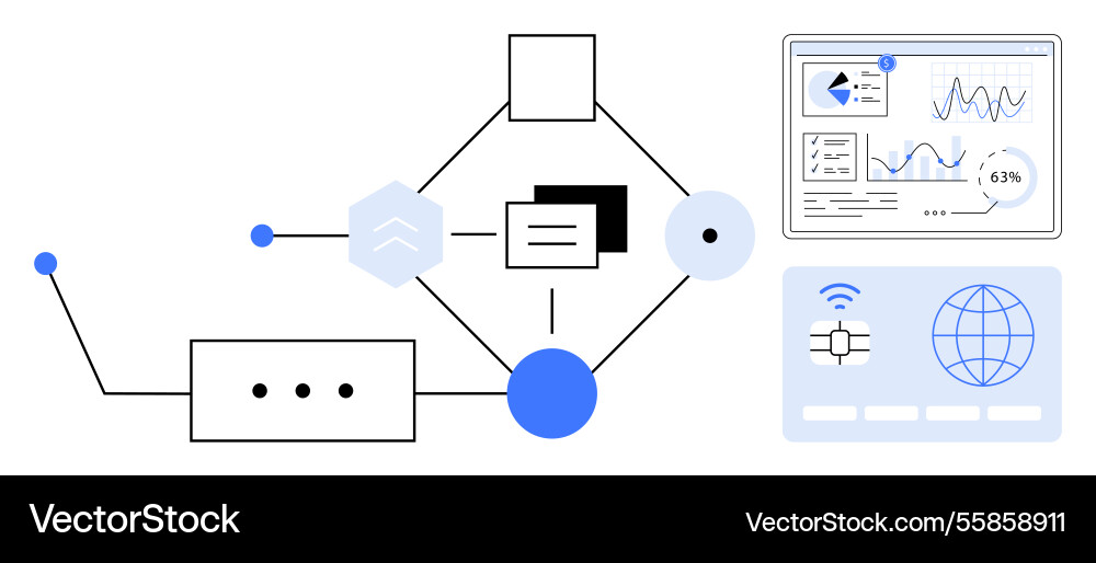Data network mapping with analytics dashboard Data network mapping with analytics dashboard vector image