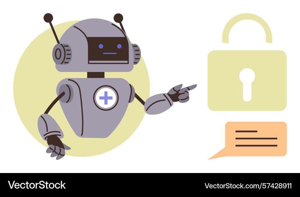 Robot indicating cybersecurity with lock symbol vector image
