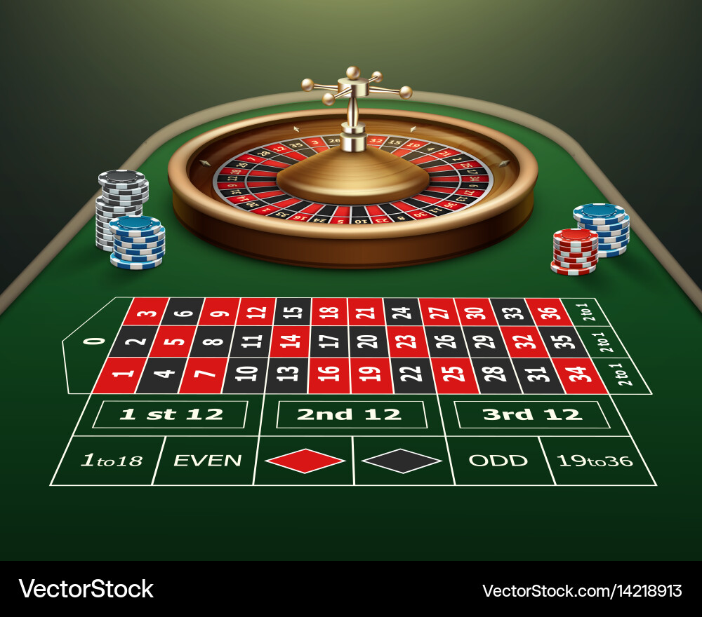 Roulette table and wheel Royalty Free Vector Image