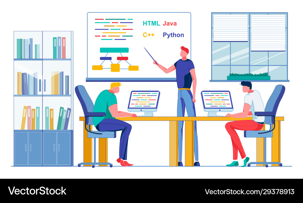 Teacher explains how work in different programs Teacher explains how work in different programs Vector Image