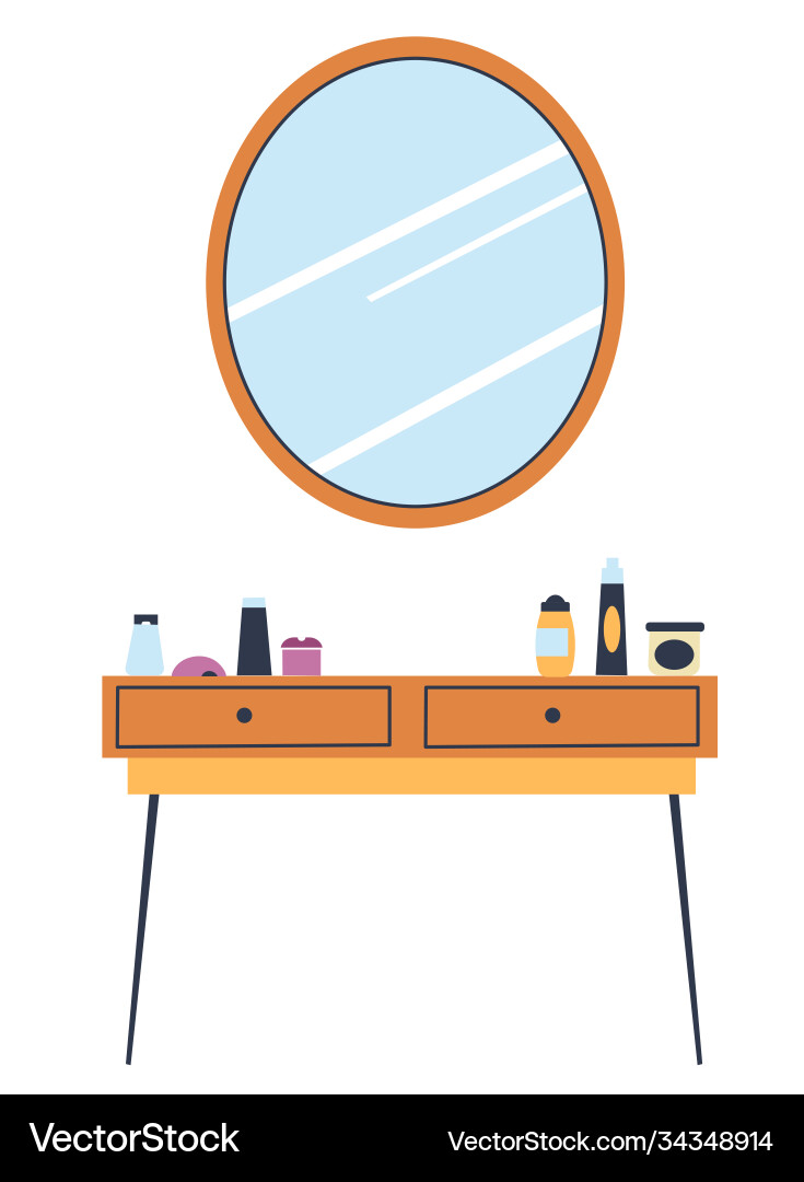 Mirror and table with cosmetic products bedroom Mirror and table with cosmetic products bedroom vector image