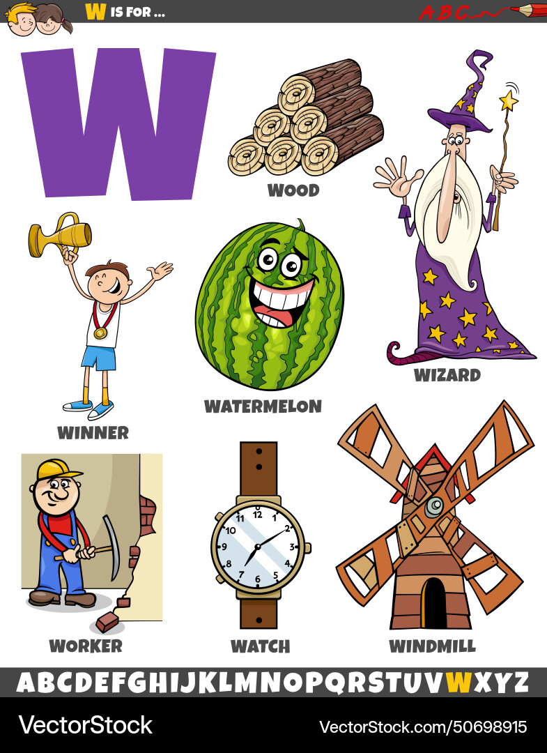 Letter w set with cartoon objects and characters Letter w set with cartoon objects and characters vector image