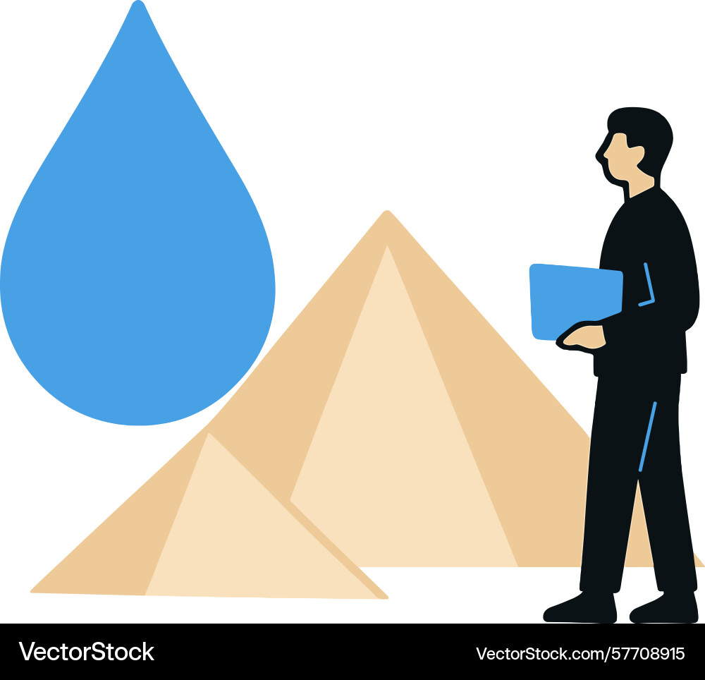 Man in suit standing near pyramids and a drop Man in suit standing near pyramids and a drop vector image