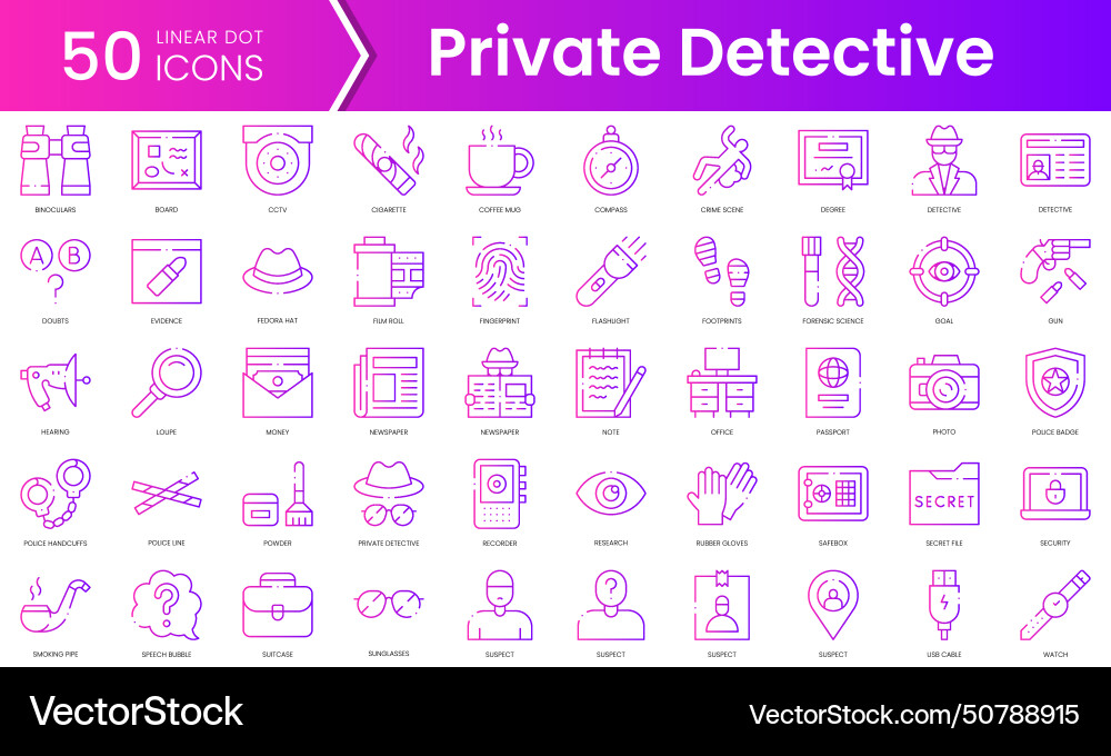 Set of private detective icons gradient style Set of private detective icons gradient style vector image