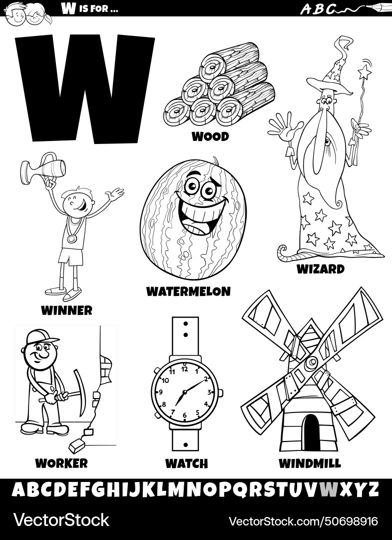 Letter w set with cartoon objects and characters Vector Image