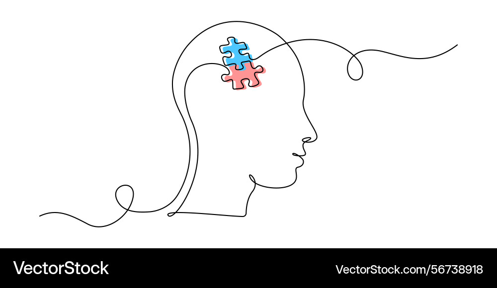 One continuous line drawing of head with puzzle One continuous line drawing of head with puzzle Vector Image