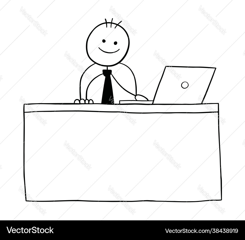 Happy Stickman am Schreibtisch Vektorbild