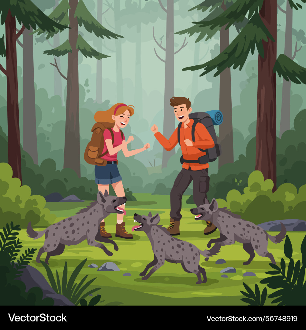 Hikers encountering animals in forest exploring Vector Image