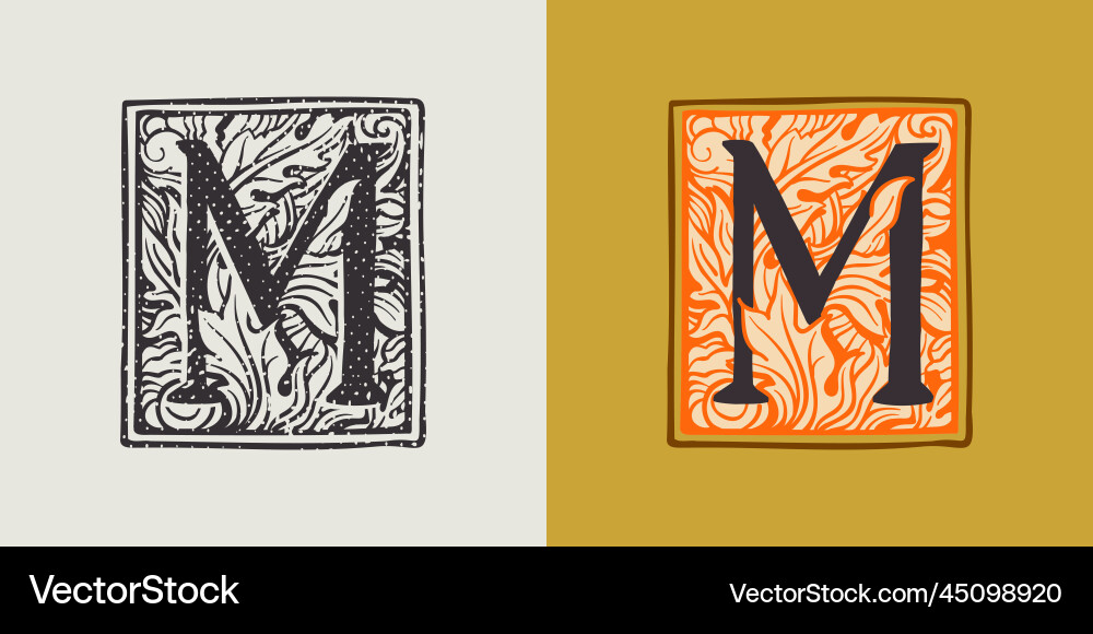 M letter drop cap logo in engraved medieval style M letter drop cap logo in engraved medieval style vector image