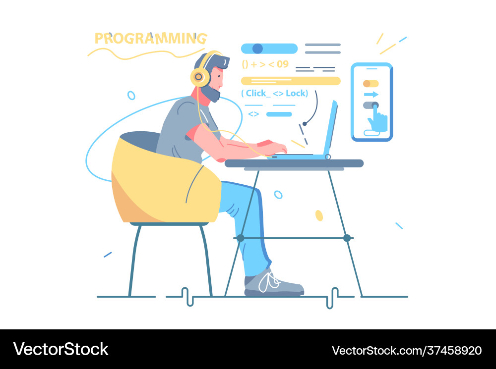 Man developer coding and chatting laptop Man developer coding and chatting laptop vector image
