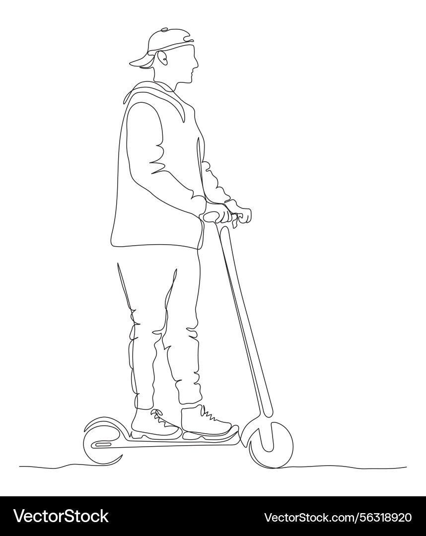 Man in cap riding push scooter side view Vector Image