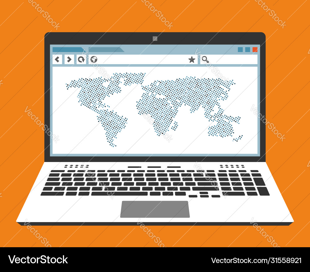 Laptop and world map on screen in web browser vector image