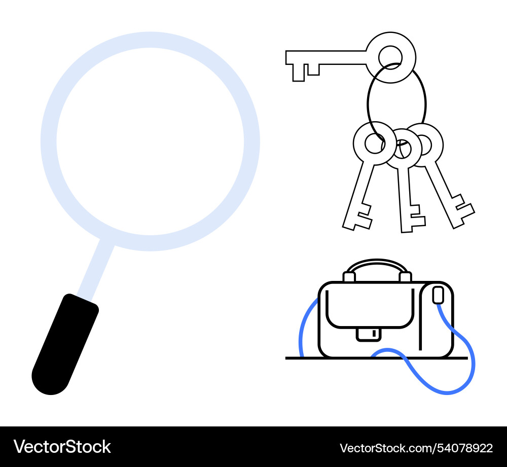 Magnifying glass keyring with keys and briefcase Magnifying glass keyring with keys and briefcase Vector Image