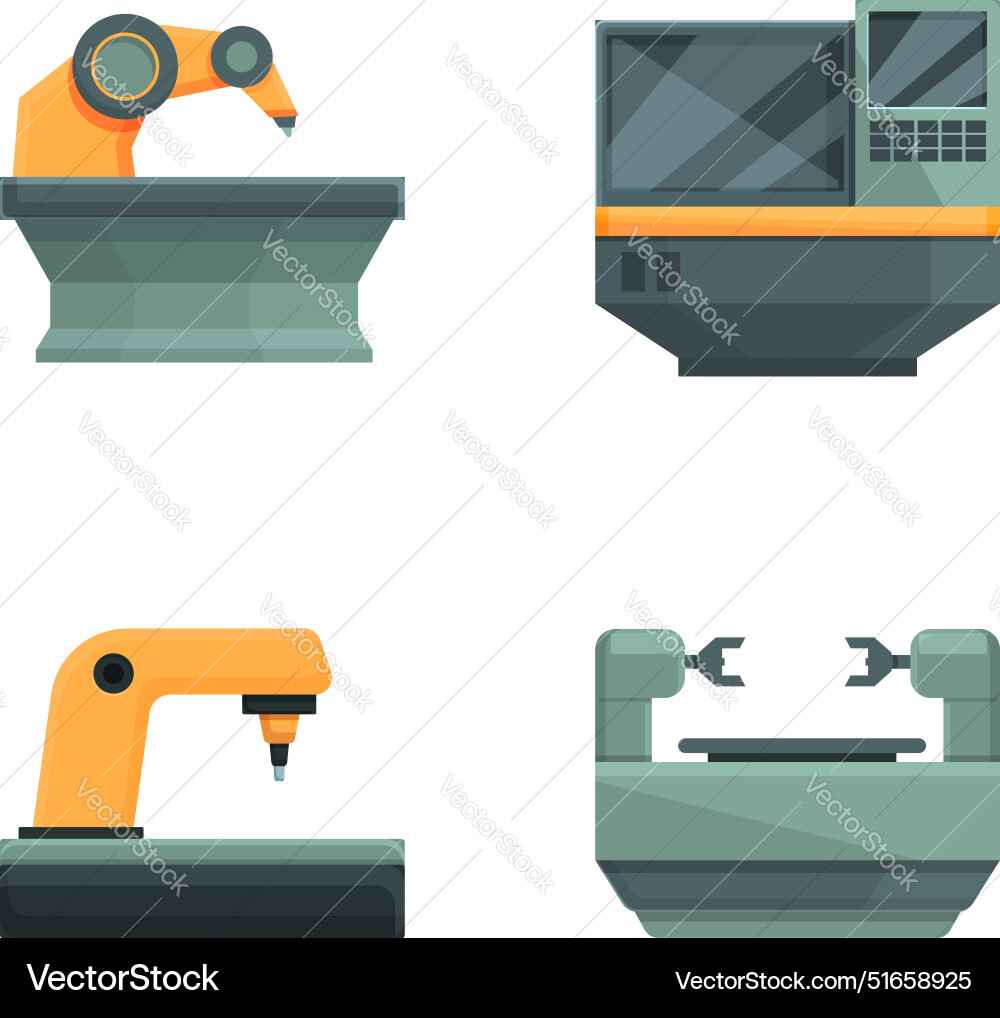 Cnc technology icons set cartoon computer Cnc technology icons set cartoon computer vector image